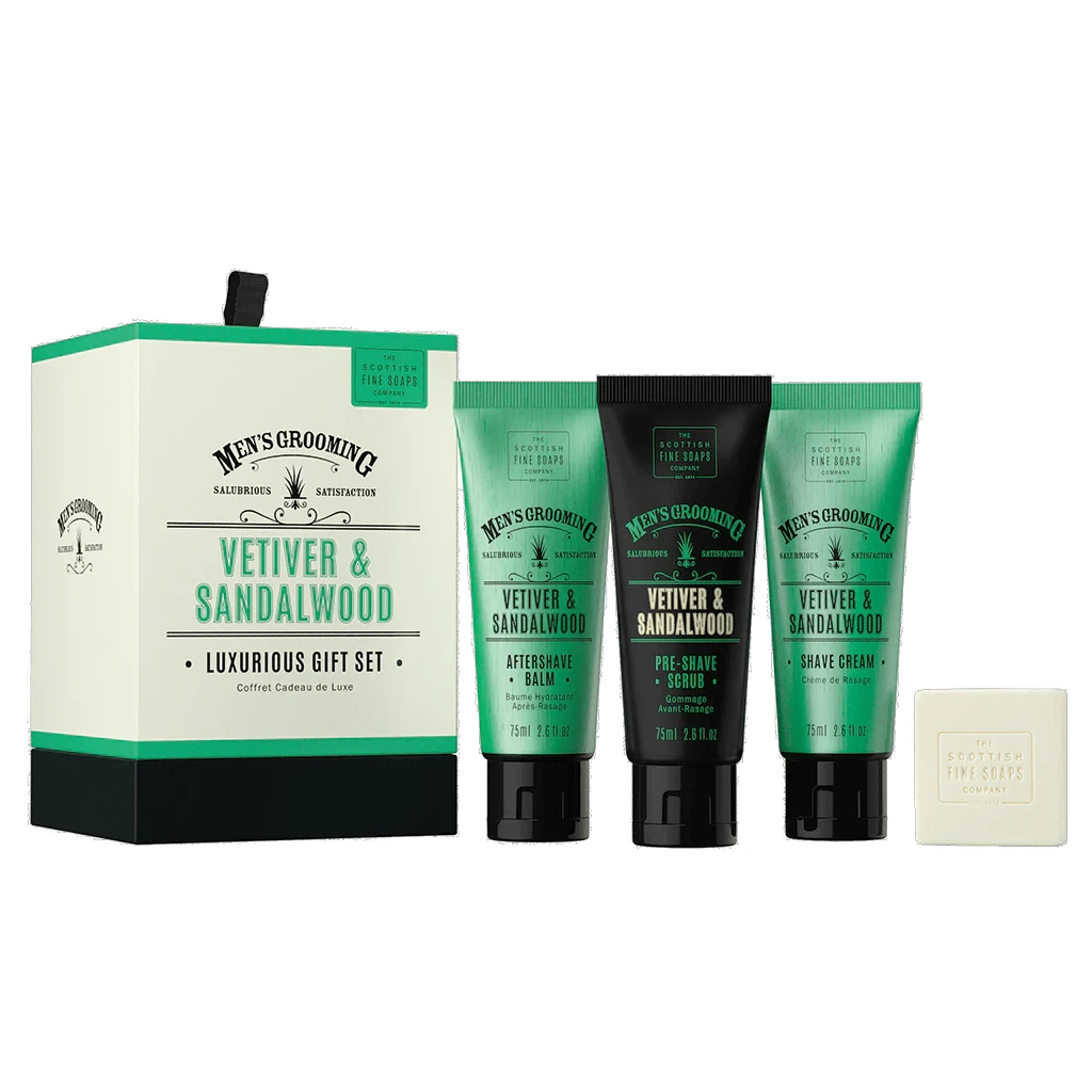 Cadeau set Vetiver & Sandalwood Luxe verzorgingsset "Luxurious" voor heren - Scottish Fine Soaps by MoodCompanyNL