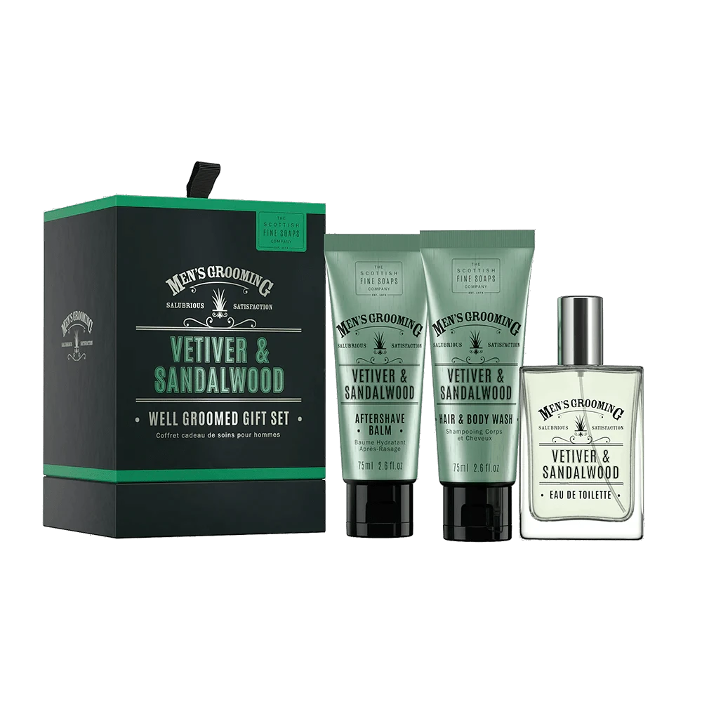 Cadeauset Vetiver & Sandalwood – Luxe Verzorgingsset "Well groomed" voor Heren - Scottish Fine Soaps by MoodCompanyNL