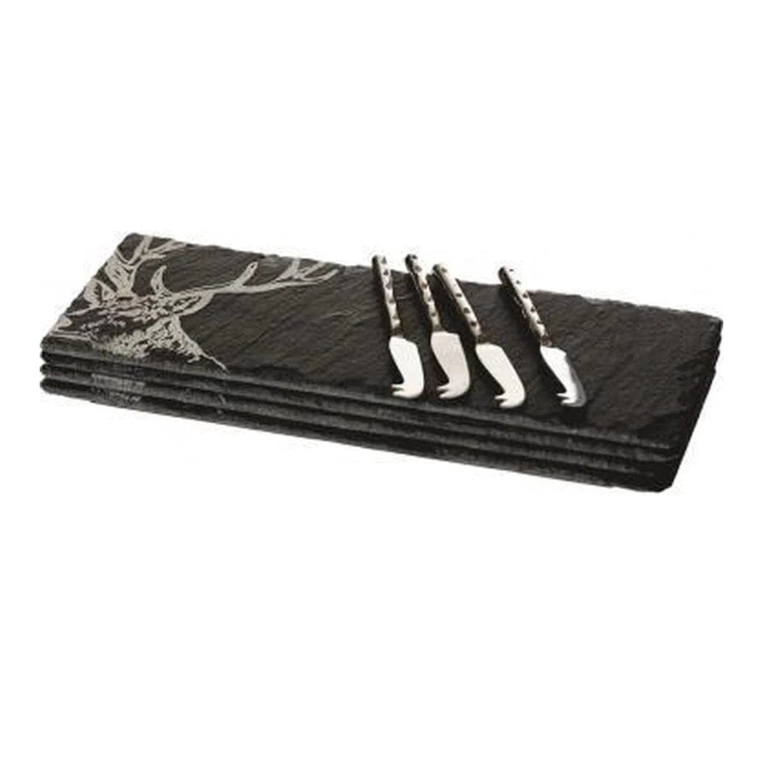 Kaasplankjes Edelhert - 4 stuks met mesjes - Cadeauset - Just Slate Company Scotland by MoodCompanyNL
