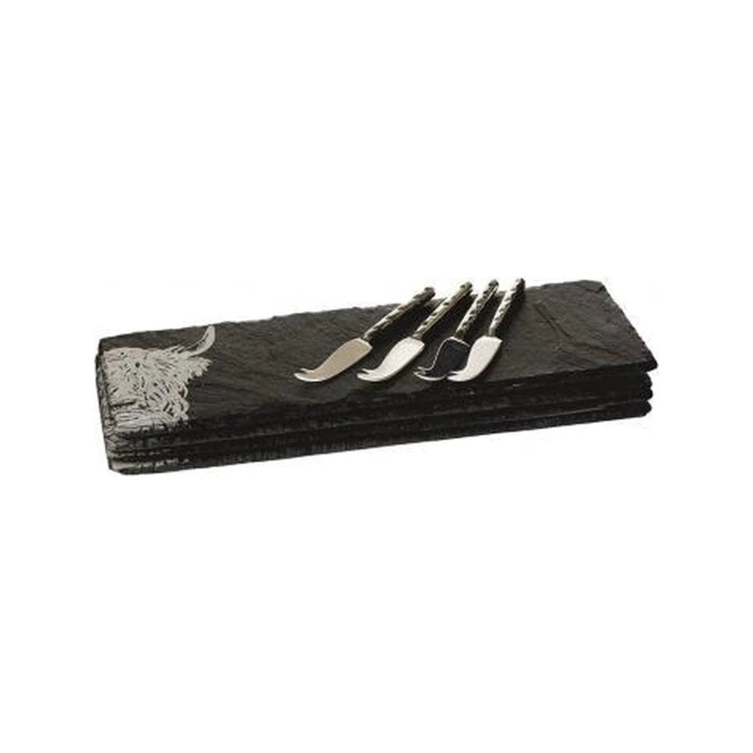 Kaasplankjes Schotse Hooglander - 4 stuks met mesjes - Cadeauset - Just Slate Company Scotland by MoodCompanyNL