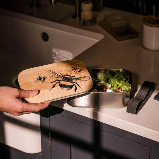 Lunchbox RVS met Eikenhouten Deksel – Bijen by Mood Company