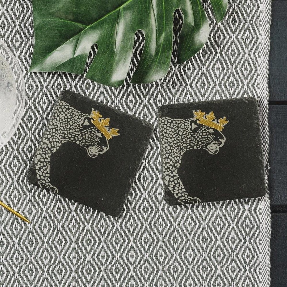 MoodCompanyNL - Onderzetters Leopard met gouden kroon - Gegraveerd - Leisteen - Just Slate Company Scotland - 5060426287244