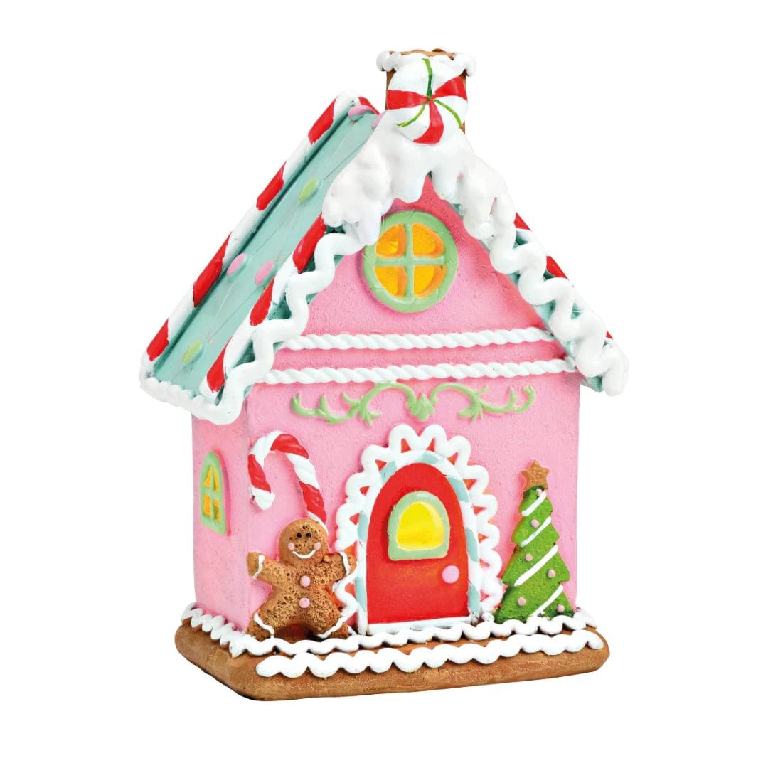 Peperkoekhuisje met LED - Handgemaakt - Poly - Roze - 11 x 16 x 6 cm by MoodCompanyNL