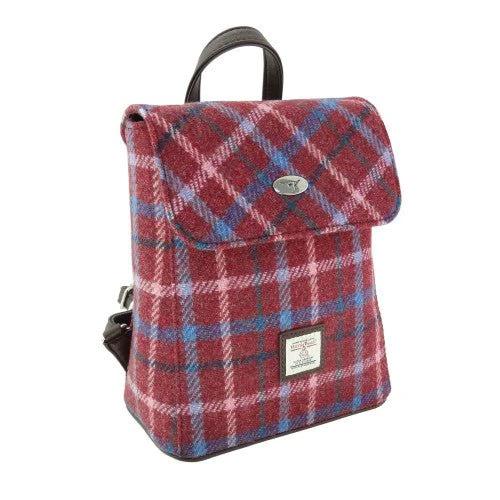 Rugzak Tummel Bordeaux rood met roze blauwe ruit - Mini - 26x21x12 - Harris Tweed - Glen Appin of Scotland by MoodCompanyNL