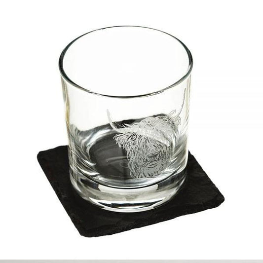 Whiskyglas Gegraveerd met Schotse Hooglander en leistenen onderzetter - Just Slate Company Scotland by MoodCompanyNL