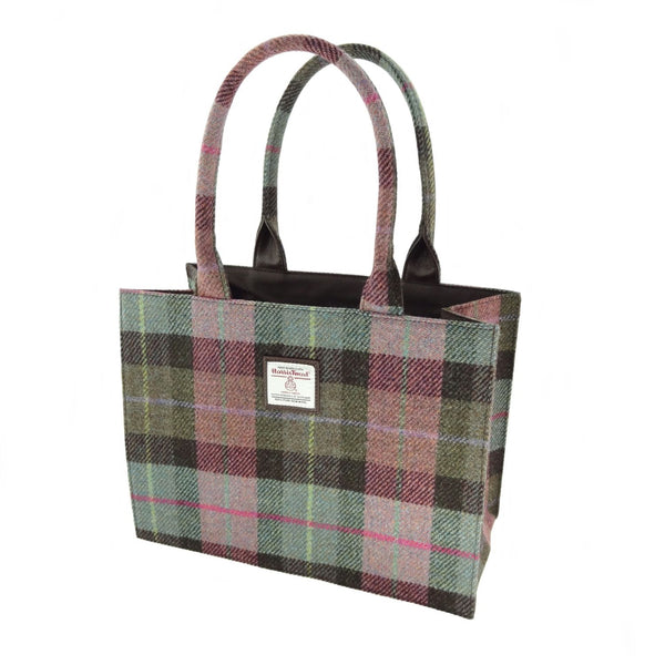 Tas Harris Tweed Shopper Glencoe Muted Green & Rose Pink Tartan - 36x49x16 - Glen Appin of Scotland
