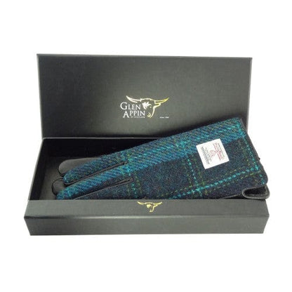 MoodCompanyNL - Dames Handschoenen Blauw en Turquoise Ruit met Zwart Leer - Harris Tweed - Glen Appin of Scotland - 5060959023678