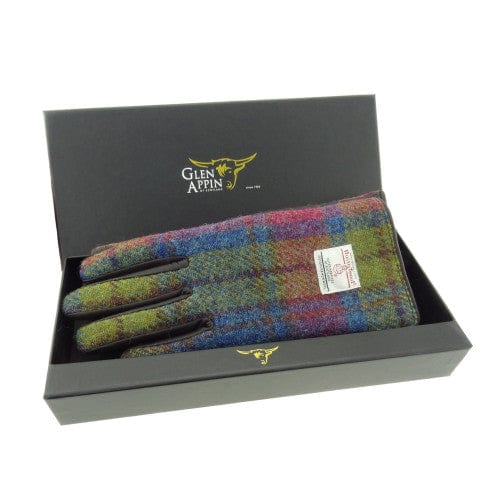 MoodCompanyNL - Dames Handschoenen Multi Colour met Zwart Leer - Harris Tweed - Glen Appin of Scotland - 5060631372346