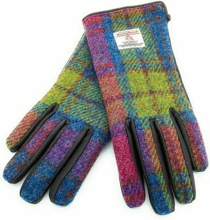 MoodCompanyNL - Dames Handschoenen Multi Colour met Zwart Leer - Harris Tweed - Glen Appin of Scotland - 5060631372346