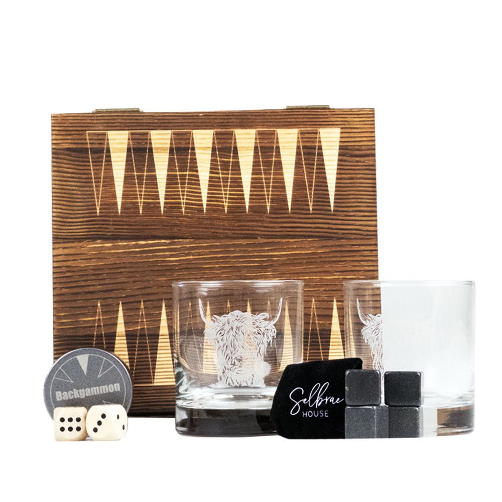 Mood Company - Geschenkset Backgammon met 2 Whiskyglazen en Whiskystenen Schotse Hooglander - Selbrae House Scotland - 5061097548320