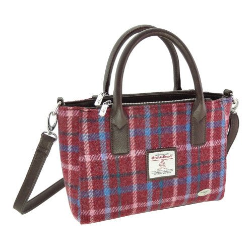 Mood Company - Handtas Brora small tote bag Bordeaux rood met roze blauwe ruit - Ritssluiting - Draagband - Harris Tweed - Glen Appin of Scotland - 5060631378447