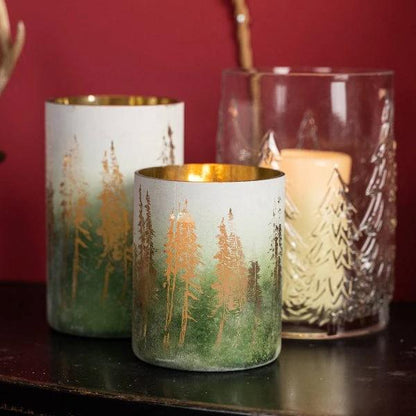 Kaarsenhouder 'Pines' - groot - Groen/Wit/Goud - Glas - H15 cm - Werner Voss by Mood4Christmas