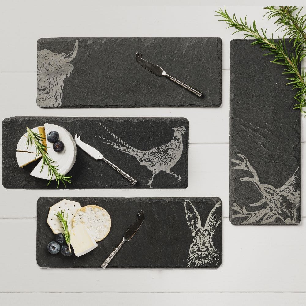 Mood Company - Kaasplankjes Country Animals - 4 stuks met mesjes - Cadeauset - Just Slate Company Scotland - 5060718719040