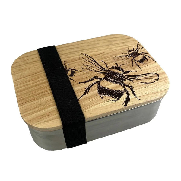 Lunchbox RVS met Eikenhouten Deksel – Bijen by Mood Company