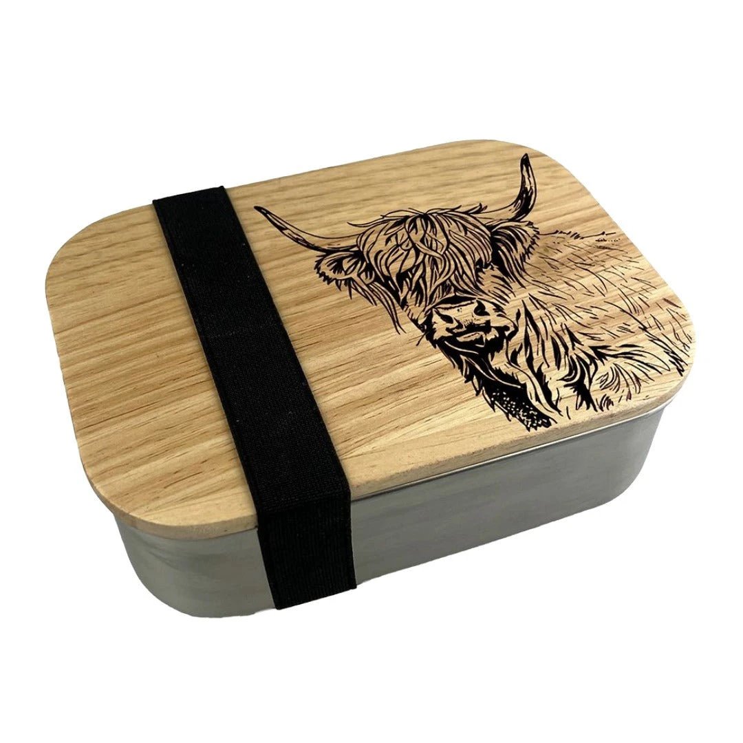Lunchbox RVS met Eikenhouten Deksel – Schotse Hooglander by Mood Company