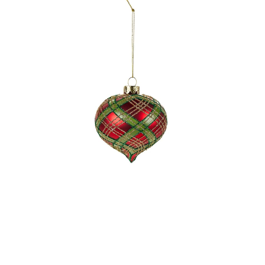 Mood_Company Kerstbal rood met tartan groen en gouden glitters - 9 x 9,7 cm -set van 4 - Nuvole di stoffa