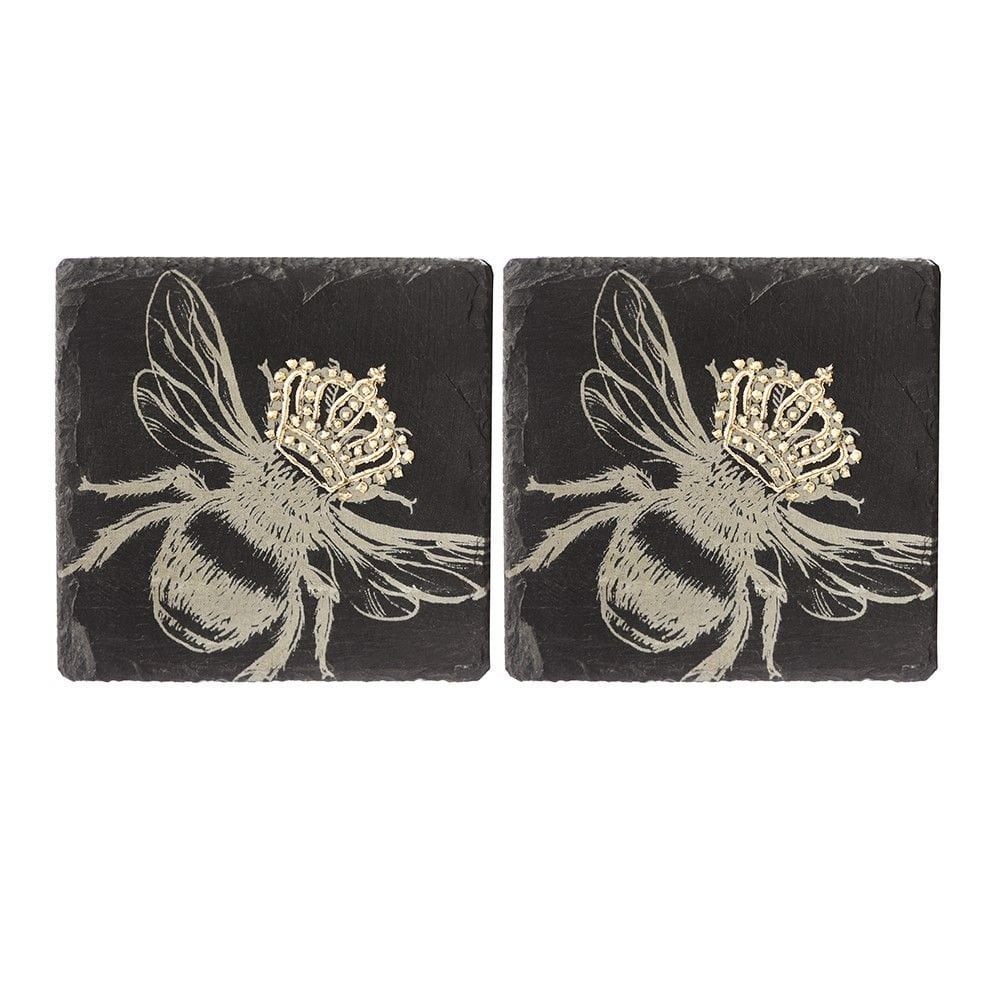 Mood Company - Onderzetters Bij met gouden kroon - Gegraveerd - Leisteen - Just Slate Company Scotland - 5060718710085
