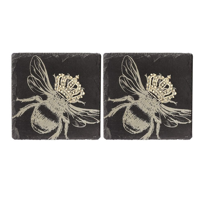 Mood Company - Onderzetters Bij met gouden kroon - Gegraveerd - Leisteen - Just Slate Company Scotland - 5060718710085