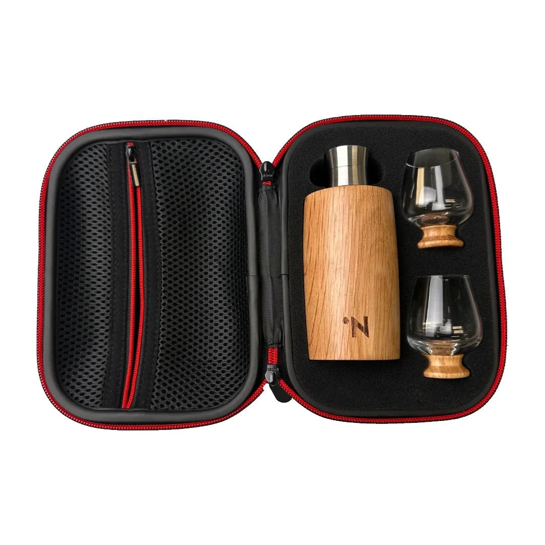 Outdoor Set – American Oak Flask & Glazen met houten voet in luxe cadeauverpakking by MoodCompanyNL