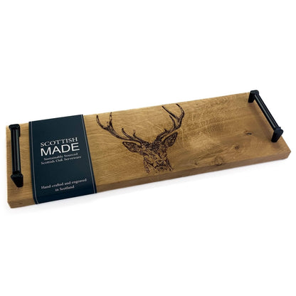 MoodCompanyNL - Serveerplank met stalen handvatten Edelhert - 45x15 - Schots Eikenhout - Scottish Made - 5060949550252