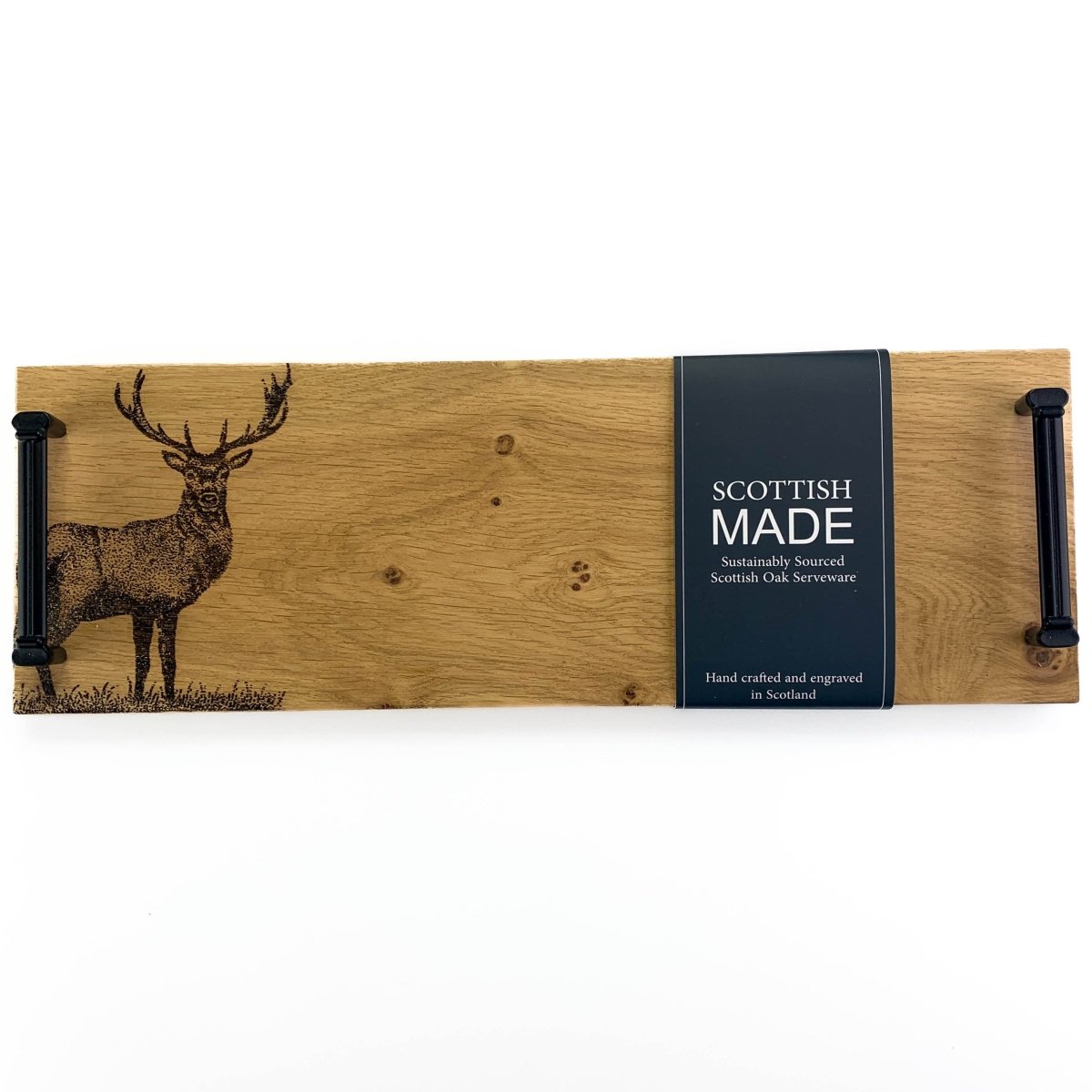 Mood Company - Serveerplank met stalen handvatten Koninklijke Edelhert - 45x15 - Schots Eikenhout - Scottish Made - 5060949550139
