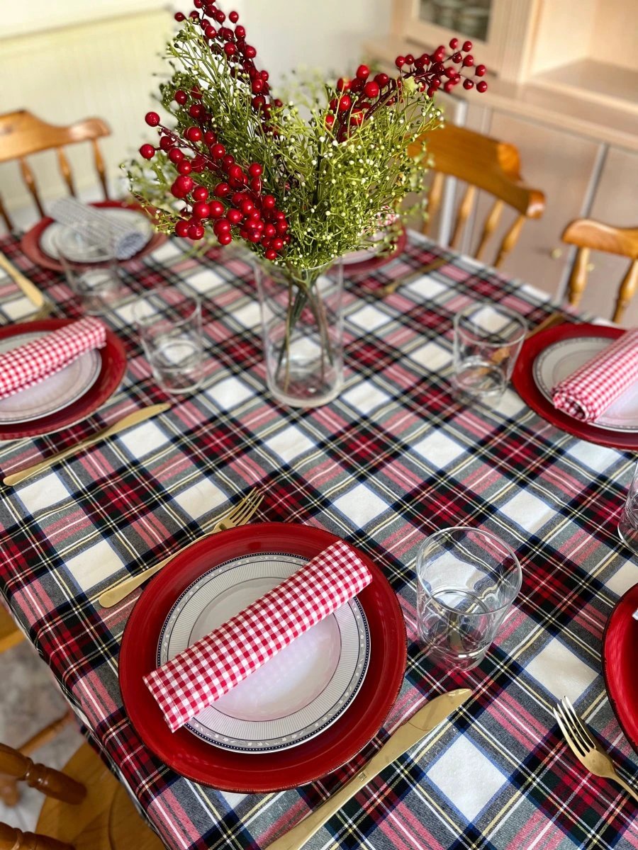 Wunderschöne Tischdecke Tartan Weiß Groß