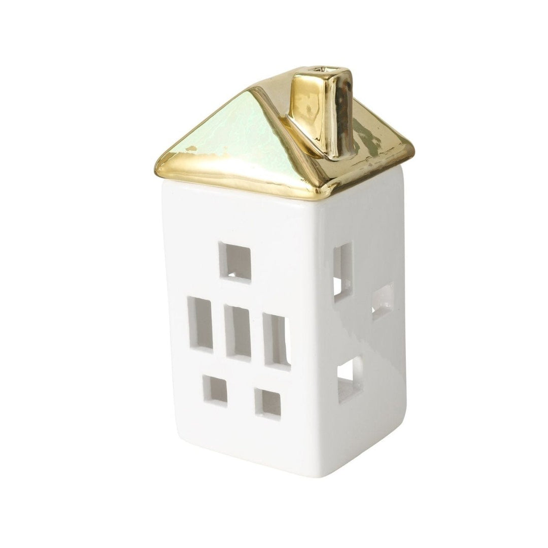 MoodCompanyNL - Theelichthouder huisje wit met goud - 2 stuks - H 15,5 cm - Boltze home - 4066076422067