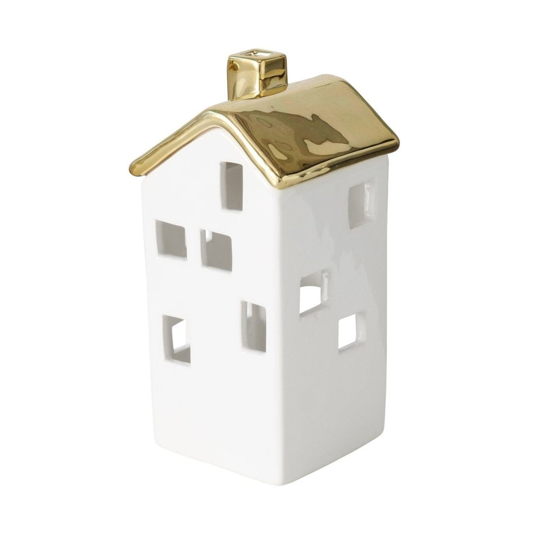 MoodCompanyNL - Theelichthouder huisje wit met goud - 2 stuks - H 15,5 cm - Boltze home - 4066076422067