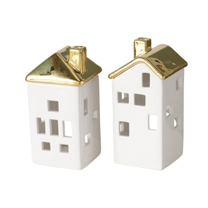 MoodCompanyNL - Theelichthouder huisje wit met goud - 2 stuks - H 15,5 cm - Boltze home - 4066076422067