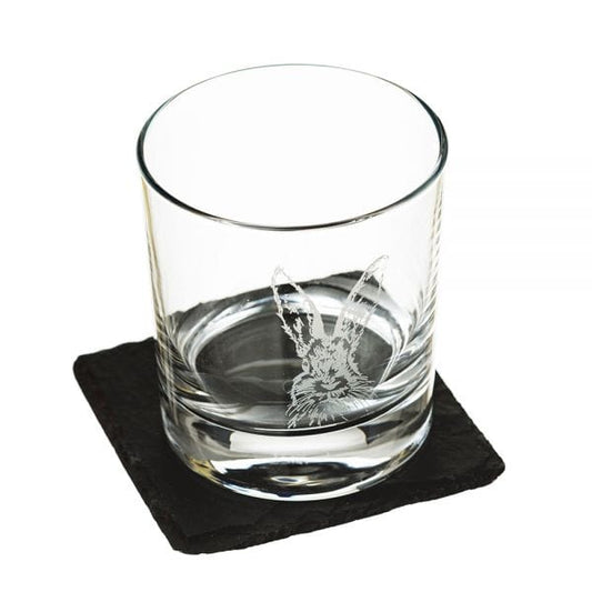 MoodCompanyNL - Whiskyglas Gegraveerd met Haas en leistenen onderzetter - Just Slate Company Scotland - 5060426287206
