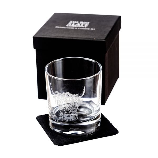 MoodCompanyNL - Whiskyglas Gegraveerd met Schotse Hooglander en leistenen onderzetter - Just Slate Company Scotland - 5060426287190