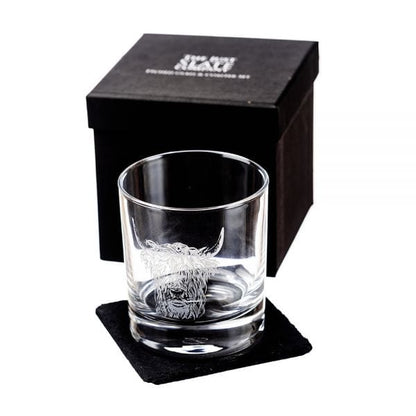MoodCompanyNL - Whiskyglas Gegraveerd met Schotse Hooglander en leistenen onderzetter - Just Slate Company Scotland - 5060426287190